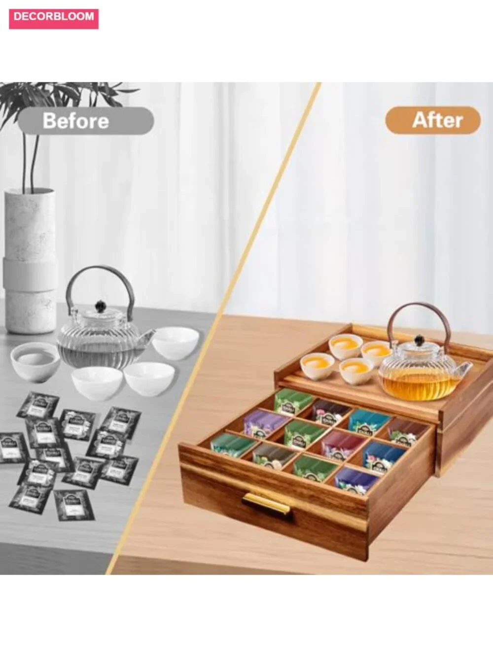 Acacia Wood Tea Bag Organizer with 12 Compartments Drawer